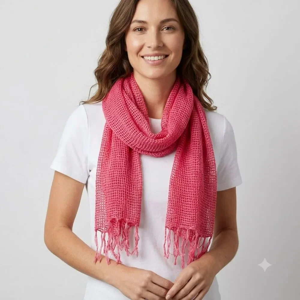 Yak Mountain Looms 100% Silk Scarf Pink Open Weave with Fringe Ends
